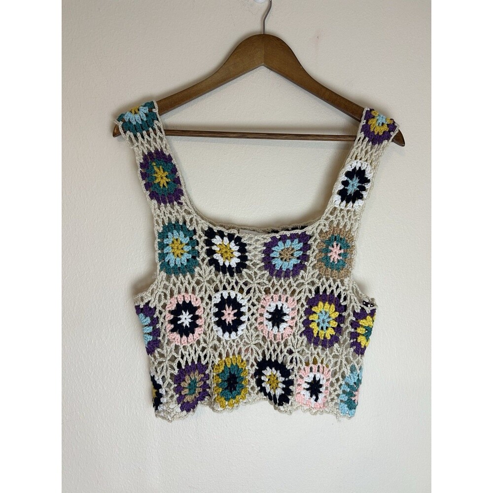 Rebellion Y2k M Crochet Granny Square Crop Top Free People Tank Hippie Blouse
